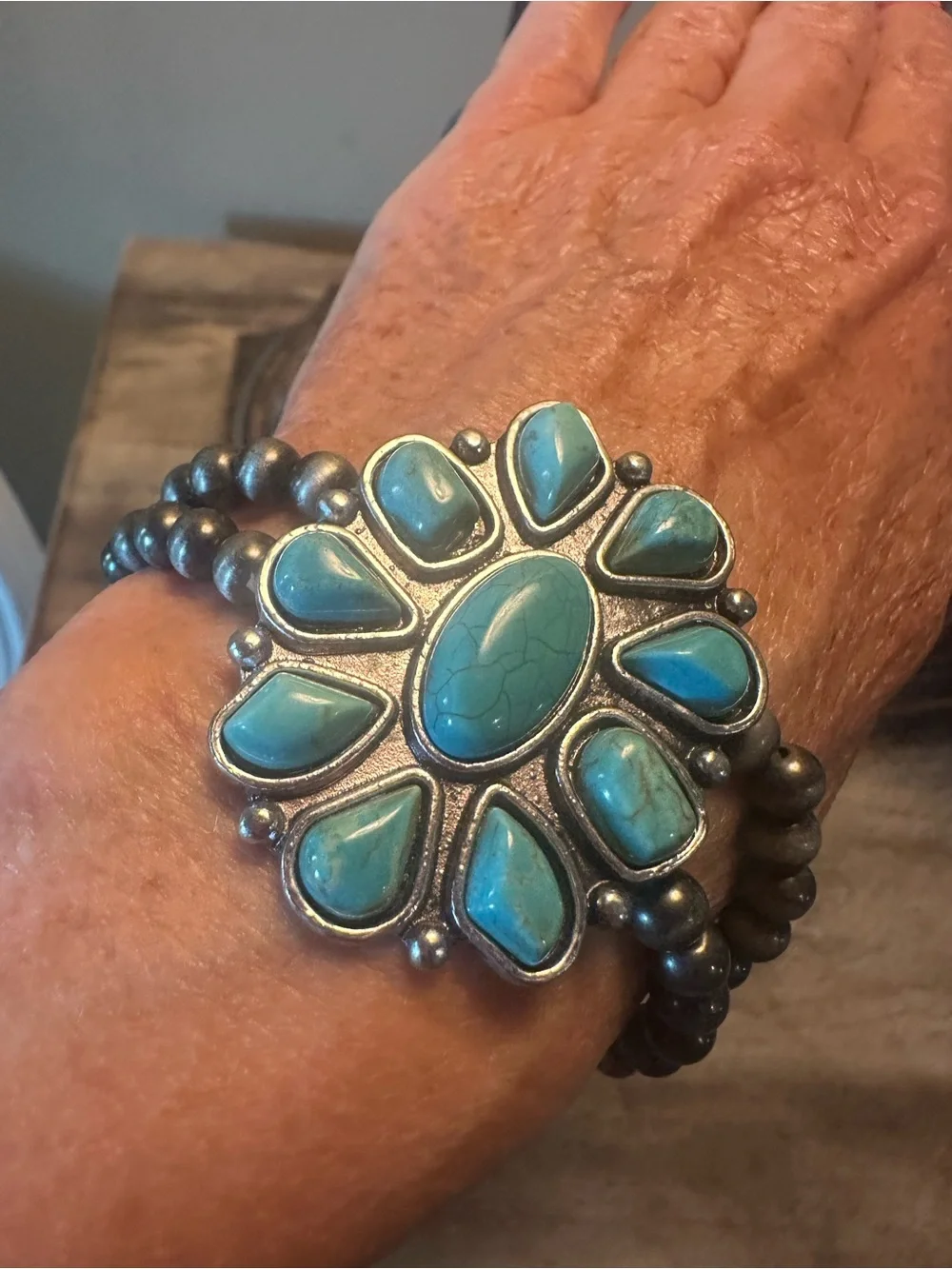 Turquoise Flower Statement Bracelet - Blue Stone Stretch Cuff